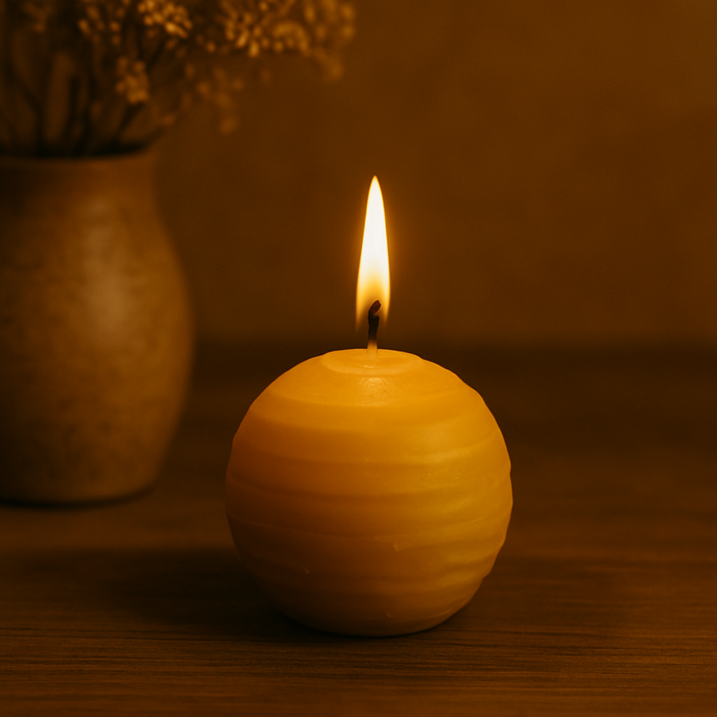 Bougie boule en cire d'abeille allumée sur fond chaleureux