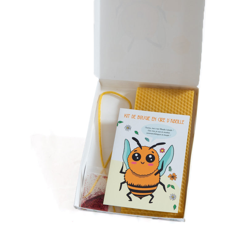 Contenu du kit de fabrication de bougies en cire d’abeille : plaques gaufrées, mèches, paillettes et livret illustré – activité manuelle pour enfants dès 5 ans, La Fabrique de l’Abeille