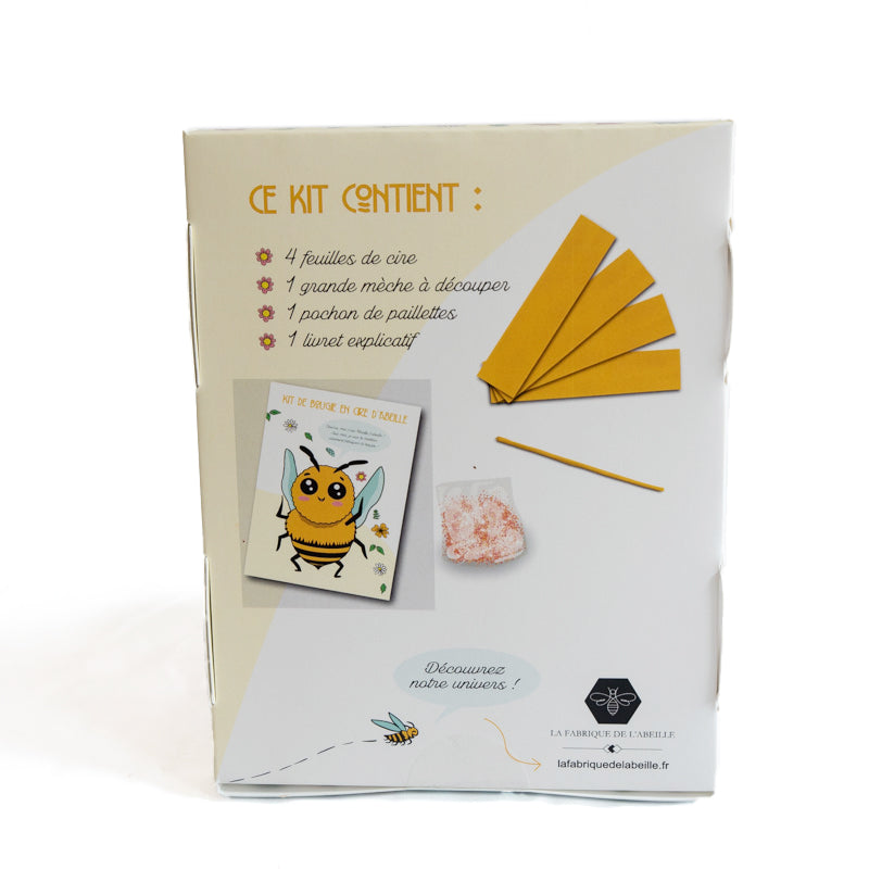 Verso du kit de création de bougies La Fabrique de l’Abeille : 4 feuilles de cire, 1 mèche, 1 sachet de paillettes et 1 livret explicatif – activité manuelle dès 5 ans
