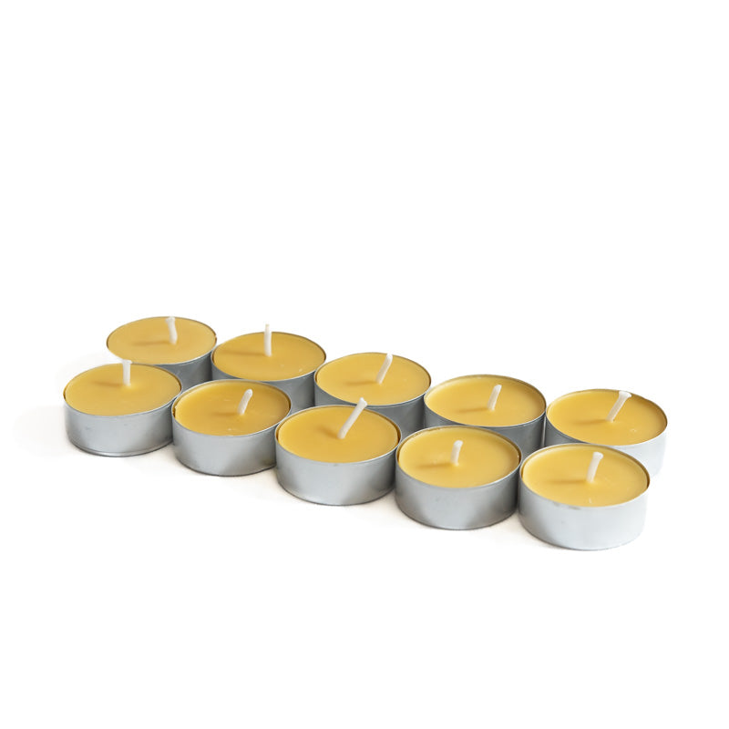 Lot de dix bougies chauffe-plat en cire d’abeille dans godets en aluminium, mèche coton, fabrication artisanale française – La Fabrique de l’Abeille