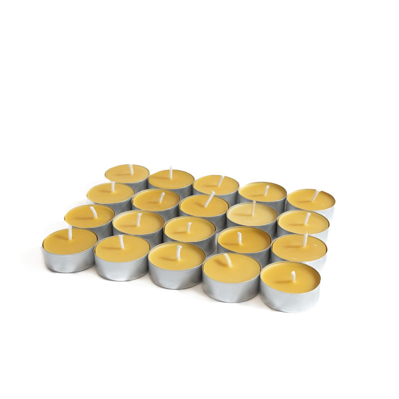 Vingt bougies chauffe-plat en cire d’abeille, fabrication artisanale française, godets en aluminium et mèches en coton – La Fabrique de l’Abeille
