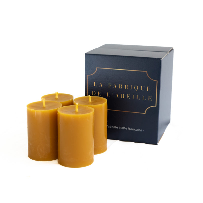 Lot de quatre bougies pilier en cire d’abeille naturelle – 24h de combustion par bougie – coffret élégant La Fabrique de l’Abeille – fabrication artisanale française et durable
