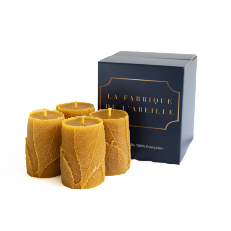 Lot de quatre bougies en cire d’abeille naturelle avec motifs nervurés en forme de feuilles et coffret élégant