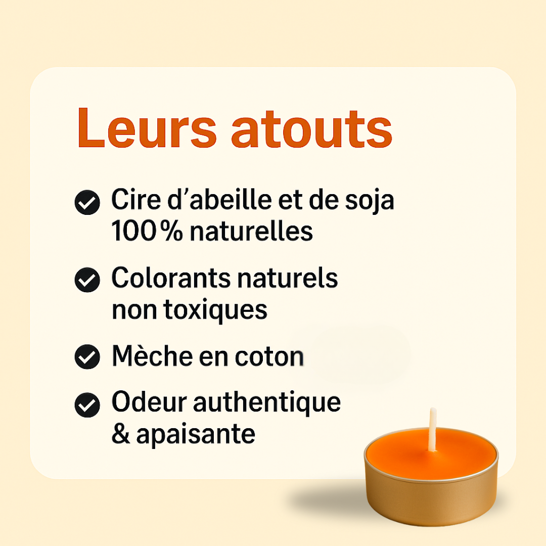 Visuel présentant les atouts des bougies chauffe-plat orange : cire d’abeille et de soja 100 % naturelles, colorants non toxiques, mèche en coton, odeur authentique et apaisante. Bougie orange illustrée en bas à droite.