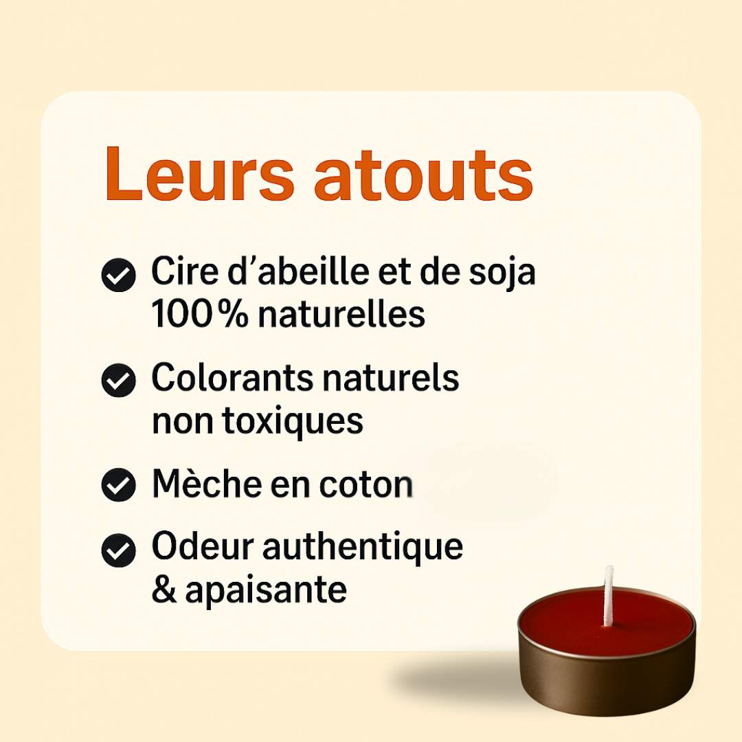Visuel présentant les atouts des bougies chauffe-plat rouges : cire d’abeille et soja 100 % naturelles, colorants naturels non toxiques, mèche en coton, odeur authentique et apaisante. Bougie rouge illustrée en bas à droite.