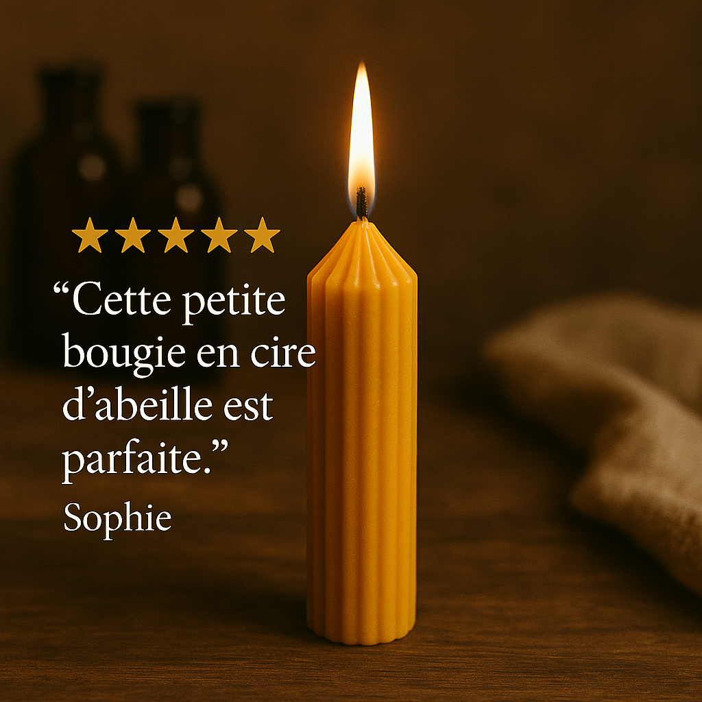 Bougie pilier fine en cire d’abeille naturelle, allumée sur une table en bois avec un avis client 5 étoiles signé Sophie, ambiance chaleureuse et artisanale