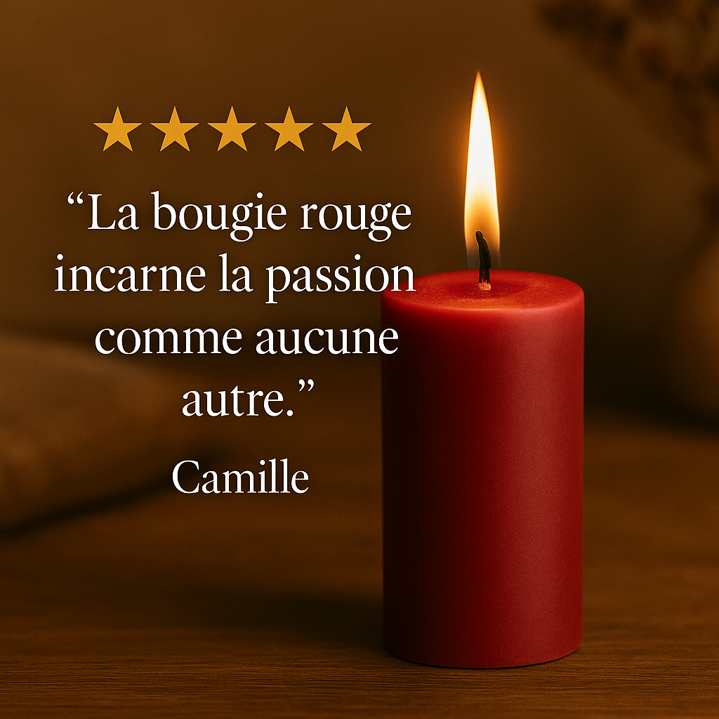 Bougie rouge allumée en cire naturelle, hauteur 7 cm et largeur 4 cm, diffusant une ambiance chaleureuse et intense, accompagnée d’un avis client 5 étoiles sur la passion signé Camille