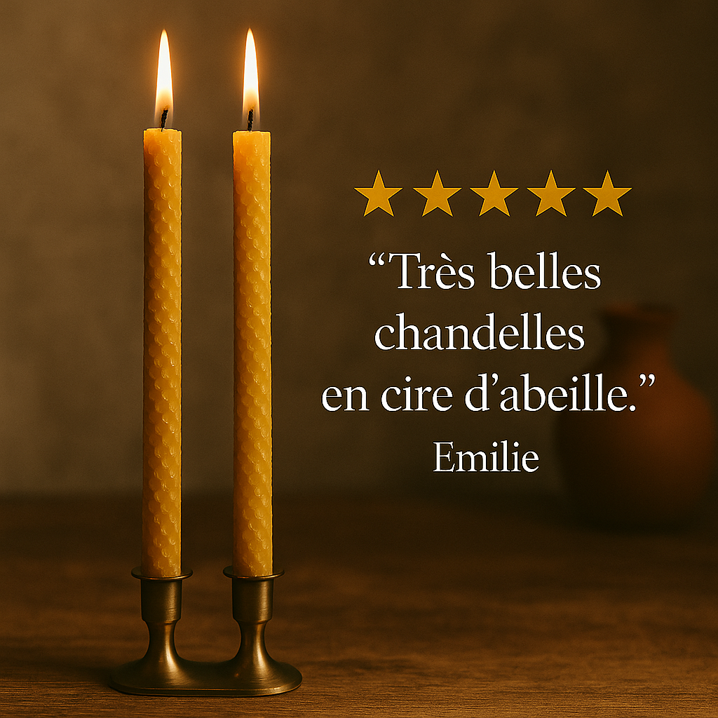 Deux chandelles roulées en cire d’abeille 27 cm allumées, posées dans des bougeoirs élégants, avec un avis client 5 étoiles signé Émilie