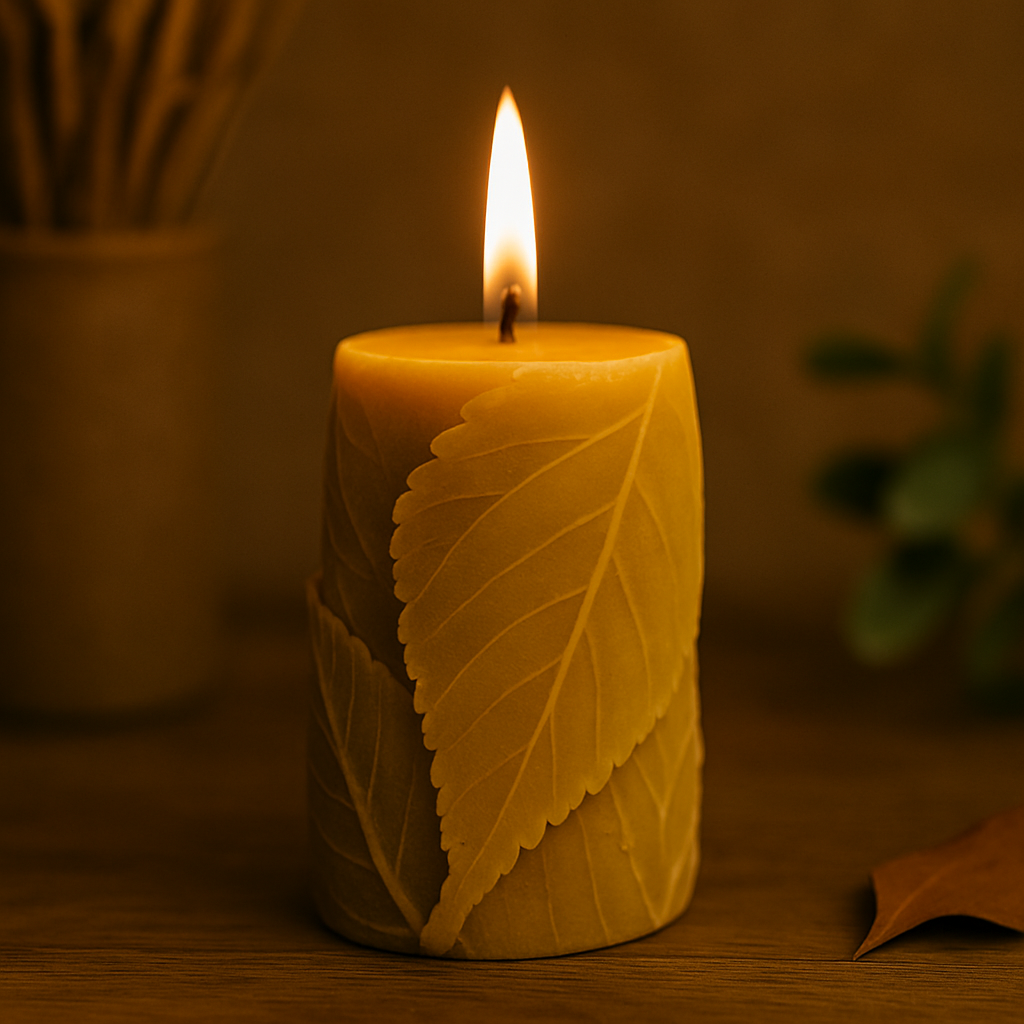 Bougie artisanale en cire d’abeille naturelle de 250 g, moulée en forme de cylindre orné de feuilles en relief, posée dans un décor chaleureux et naturel.