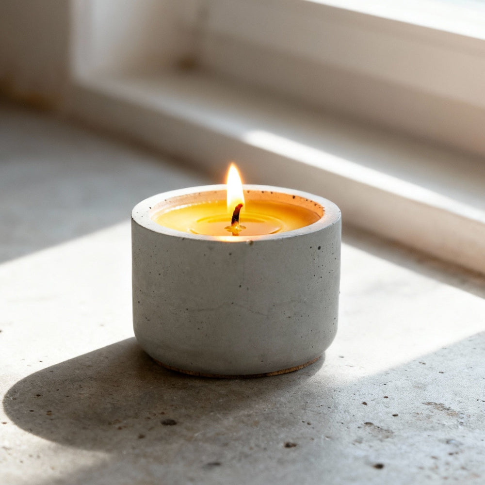bougie allumée dans un pot en beton gris