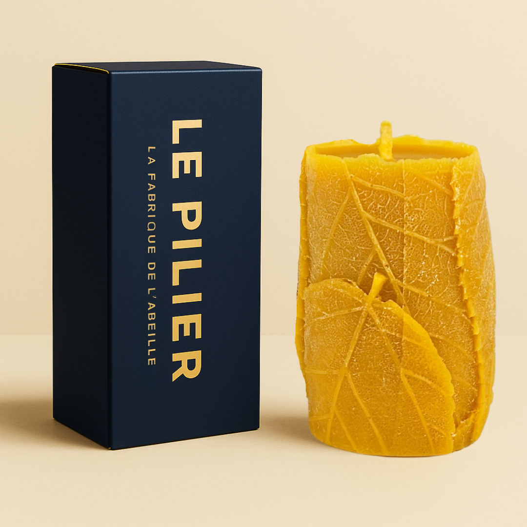Bougie en cire d'abeille avec motif feuille, modèle longue durée, accompagnée du packaging bleu marine "LE PILIER" doré, sur fond beige.