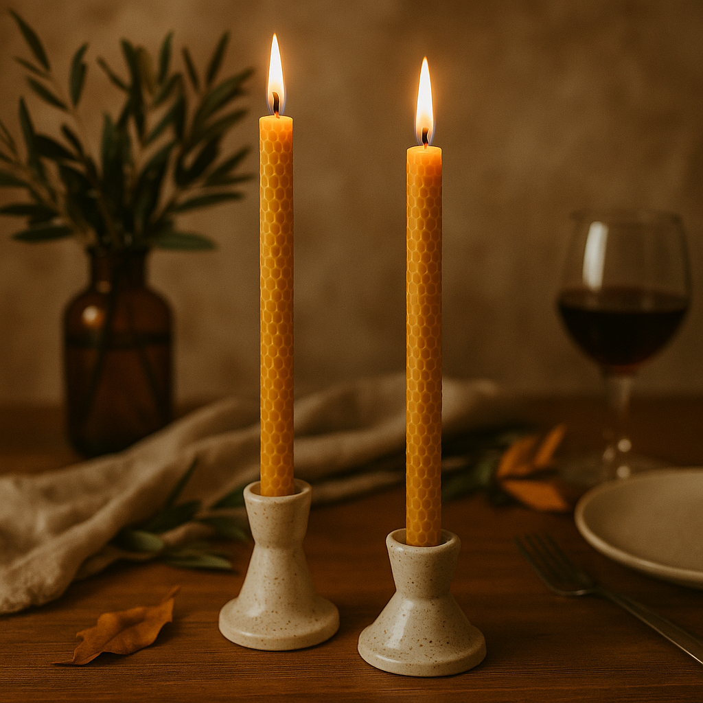 Deux chandelles longues en cire d’abeille naturelle, allumées dans des bougeoirs artisanaux en céramique, posées sur une table en bois avec nappe en lin, branche d’olivier, verre de vin et assiette, ambiance élégante et chaleureuse.