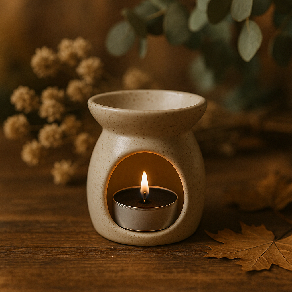 Chauffe-plat noir en cire d’abeille naturelle, allumé dans un brûle-parfum en céramique beige mouchetée, posé sur une table en bois avec feuillage d’eucalyptus et fleurs séchées, ambiance automnale et naturelle.