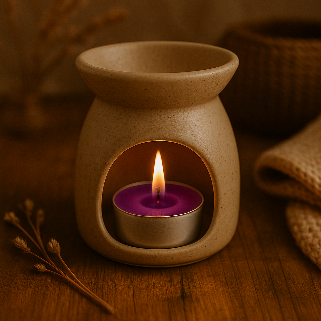 Bougie chauffe-plat violette allumée, placée dans un brûle-parfum en céramique beige sur une table en bois, ambiance chaleureuse et cosy.