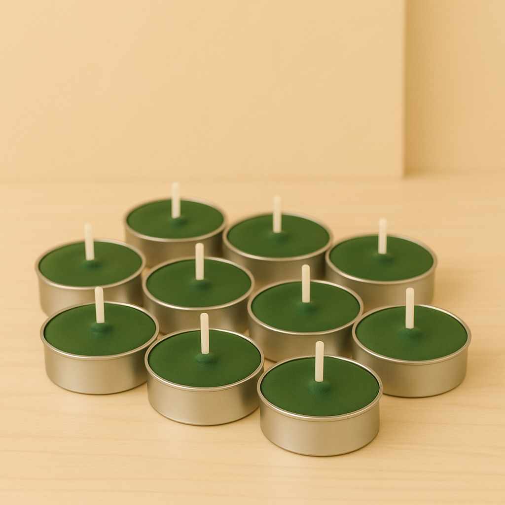 Lot de bougies chauffe-plat vert foncé en cire naturelle dans des contenants en aluminium, disposées sur une surface en bois clair avec un fond beige.