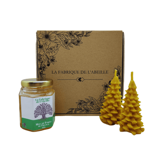 Coffret La Fabrique de l’Abeille avec deux bougies en forme de sapin en cire d’abeille et un pot de miel de forêt de France, présenté devant une boîte kraft décorée