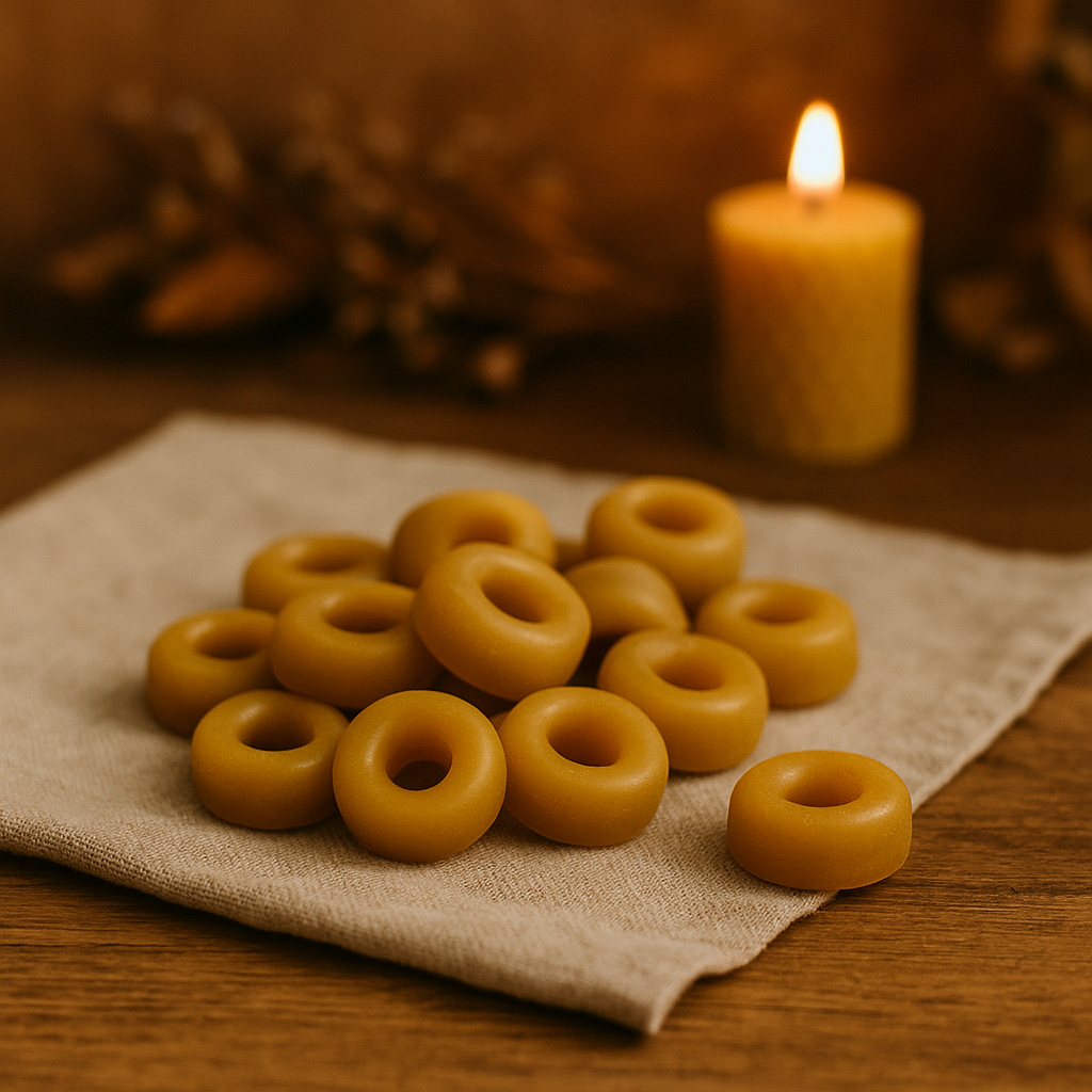 Galets fondants en cire d’abeille naturelle en forme d’anneaux, posés sur un tissu en lin dans une ambiance artisanale, avec une lumière douce et un décor naturel en arrière-plan.