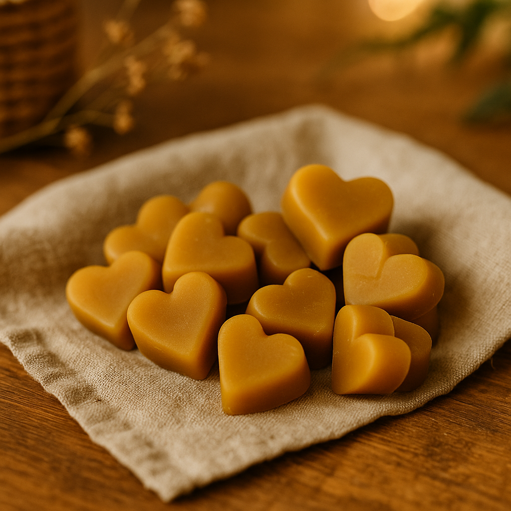 Galets fondants parfumés en cire d’abeille naturelle en forme de cœur, disposés sur un tissu en lin, dans une ambiance artisanale douce et chaleureuse.