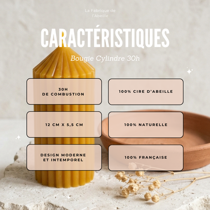 Bougie cylindre en cire d'abeille naturelle 30h - La Fabrique de l'Abeille