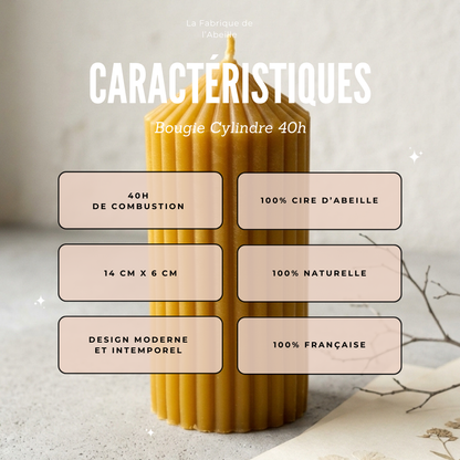 Grosse bougie cylindrique en cire d'abeille naturelle 40h - La Fabrique de l'Abeille