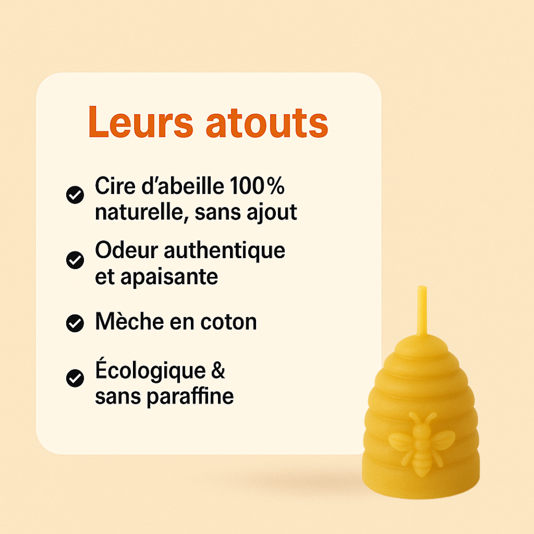 Bougie en forme de ruche avec abeille sculptée, en cire d’abeille naturelle, illustrée à côté d’un encart présentant ses atouts écologiques et artisanaux.
