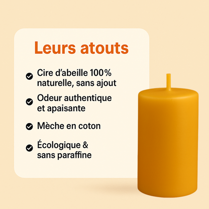 Bougie cylindrique lisse 12h en cire d’abeille 100 % naturelle, posée à droite d’un encart listant ses atouts : sans ajout, odeur authentique, mèche en coton, écologique et sans paraffine.