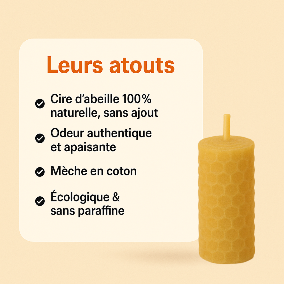 Bougie ésotérique en cire d’abeille 100 % naturelle, de forme cylindrique fine avec motif gaufré alvéolé. Présentée à droite d’un encart listant ses atouts : cire sans ajout, odeur apaisante, mèche en coton, sans paraffine.