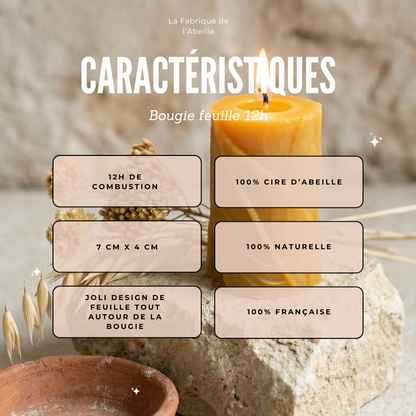 Bougie feuille en cire d'abeille naturelle 12h de combustion - La Fabrique de l'Abeille