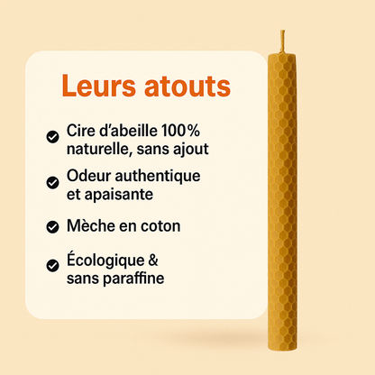 Bougie chandelle roulée en cire d’abeille naturelle avec motif alvéolé, mèche en coton, présentée à droite d’un encart listant ses atouts : cire 100 % naturelle, odeur apaisante, écologique, sans paraffine.