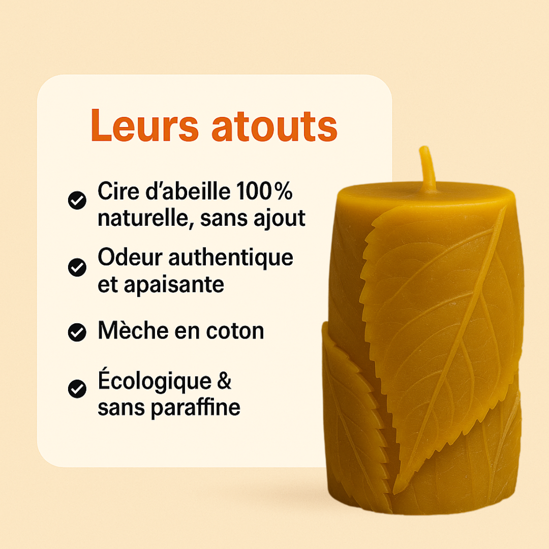 Visuel présentant les atouts de la bougie Feuille longue durée en cire d’abeille : cire 100 % naturelle sans ajout, odeur authentique et apaisante, mèche en coton, écologique et sans paraffine. Bougie illustrée à droite du texte.