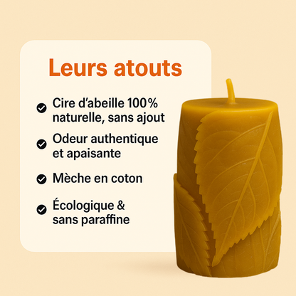 Visuel présentant les atouts de la bougie Feuille longue durée en cire d’abeille : cire 100 % naturelle sans ajout, odeur authentique et apaisante, mèche en coton, écologique et sans paraffine. Bougie illustrée à droite du texte.
