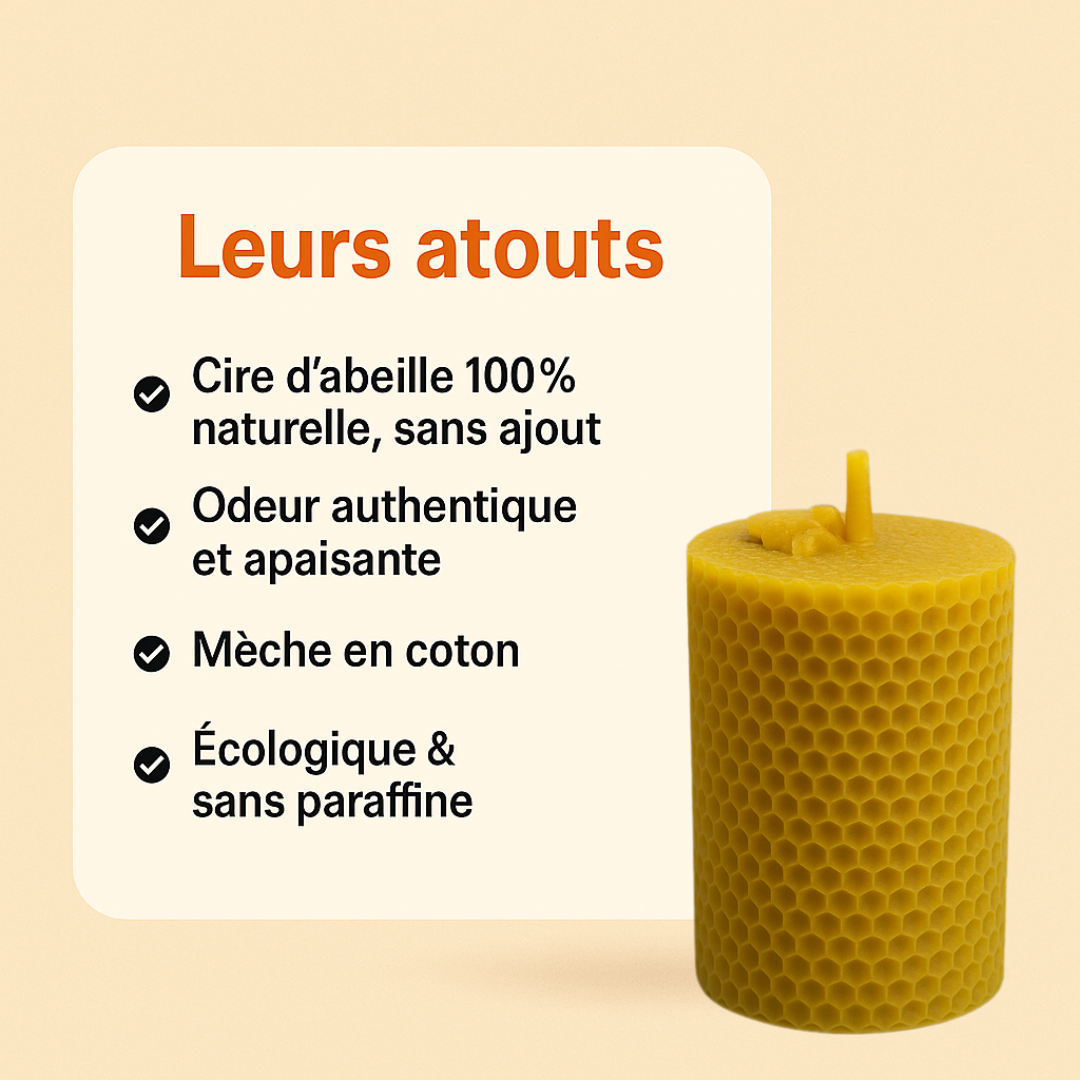 Visuel présentant les atouts de la bougie moulée 20h en cire d’abeille : cire 100 % naturelle sans ajout, odeur authentique et apaisante, mèche en coton, écologique et sans paraffine. Bougie alvéolée illustrée à droite du texte.