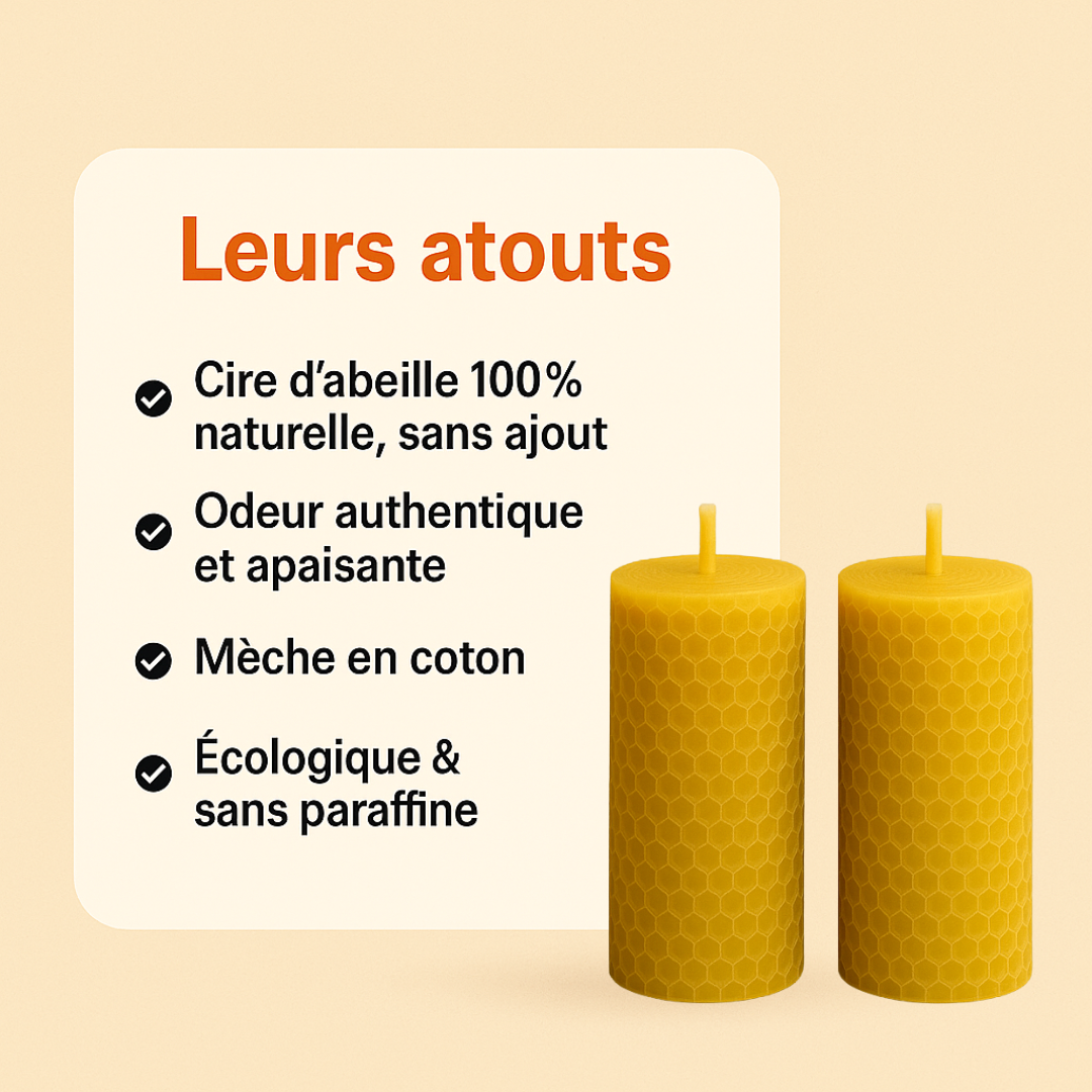 Visuel présentant les atouts des bougies roulées 10h en cire d’abeille : cire 100 % naturelle sans ajout, odeur authentique et apaisante, mèche en coton, écologique et sans paraffine. Deux bougies illustrées à droite du texte.