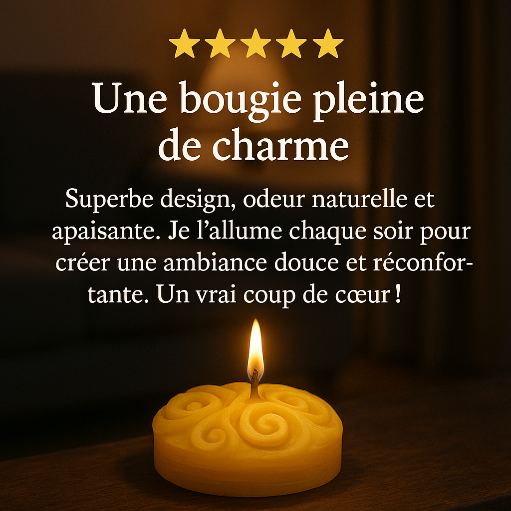  Bougie plate en cire d’abeille, allumée, posée sur une table en bois dans une ambiance chaleureuse, avec un avis client soulignant son design original et son effet apaisant.