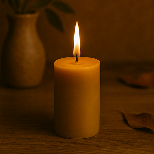Photographie d'une bougie lisse en cire d'abeille naturelle, format pilier, allumée et posée dans un décor chaleureux et épuré. Durée de combustion : 12h.