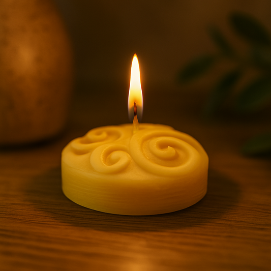 Bougie plate en cire d'abeille allumée, faite à la main avec un motif en spirale sur le dessus légèrement arrondi, posée dans un décor chaleureux et naturel.