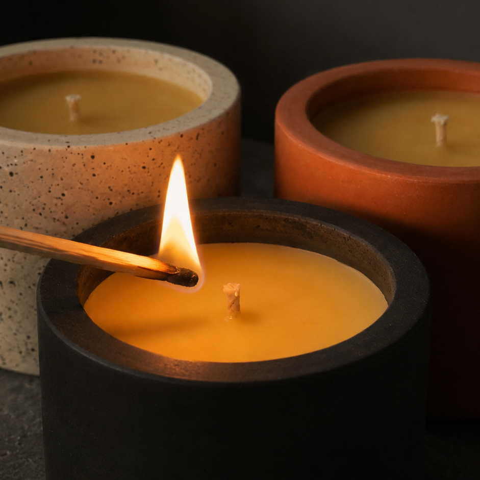 Trois bougies en cire d’abeille jaune dans des pots en céramique noir, terracotta et moucheté, dont une bougie allumée avec une allumette en bois.