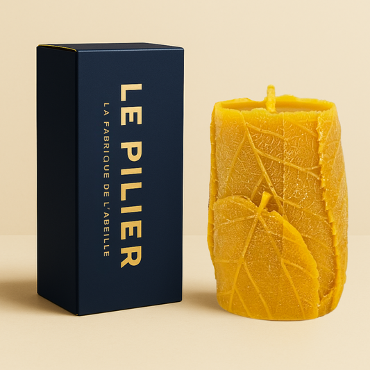 Bougie en cire d'abeille avec motif feuille, modèle longue durée, accompagnée du packaging bleu marine "LE PILIER" doré, sur fond beige.