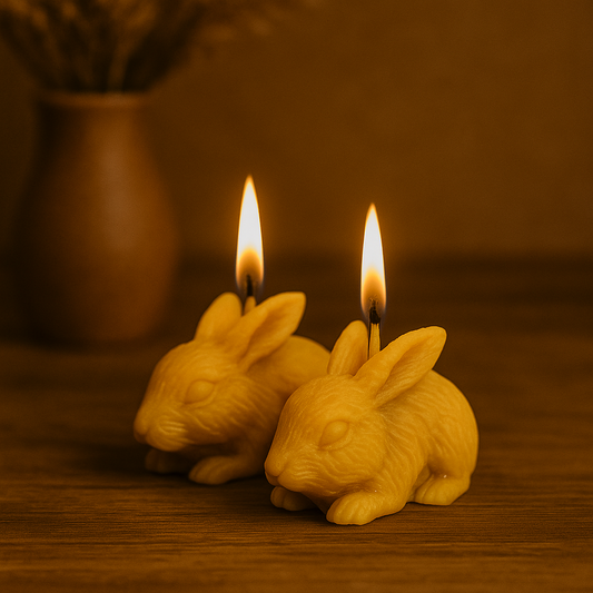 Deux bougies artisanales en cire d’abeille naturelle en forme de lapin, aux détails légèrement texturés, présentées sur un fond chaleureux et naturel.