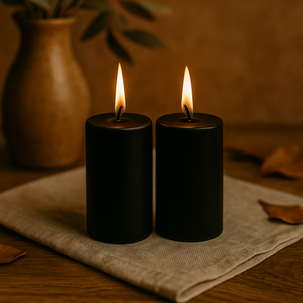 Deux bougies piliers noires allumées, posées sur un tissu en lin beige avec un décor chaleureux en arrière-plan, créant une ambiance élégante et feutrée.