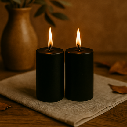 Deux bougies piliers noires allumées, posées sur un tissu en lin beige avec un décor chaleureux en arrière-plan, créant une ambiance élégante et feutrée.