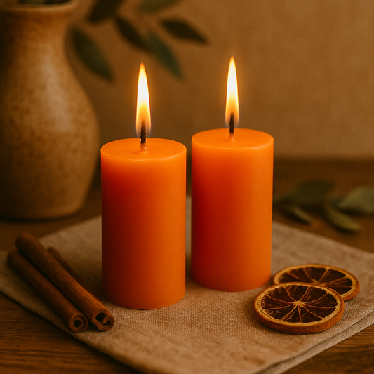 Deux bougies orange en cire d’abeille, allumées, posées côte à côte sur un tissu en lin sur une table en bois, accompagnées de bâtons de cannelle, de tranches d’orange séchées et d’un vase artisanal, dans une ambiance chaleureuse et naturelle.
