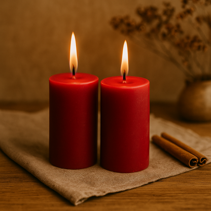 Deux bougies rouges artisanales en cire d’abeille, posées sur un tissu en lin naturel avec une ambiance tamisée, dans un décor chaleureux composé de bois, feuillage et lumière douce.