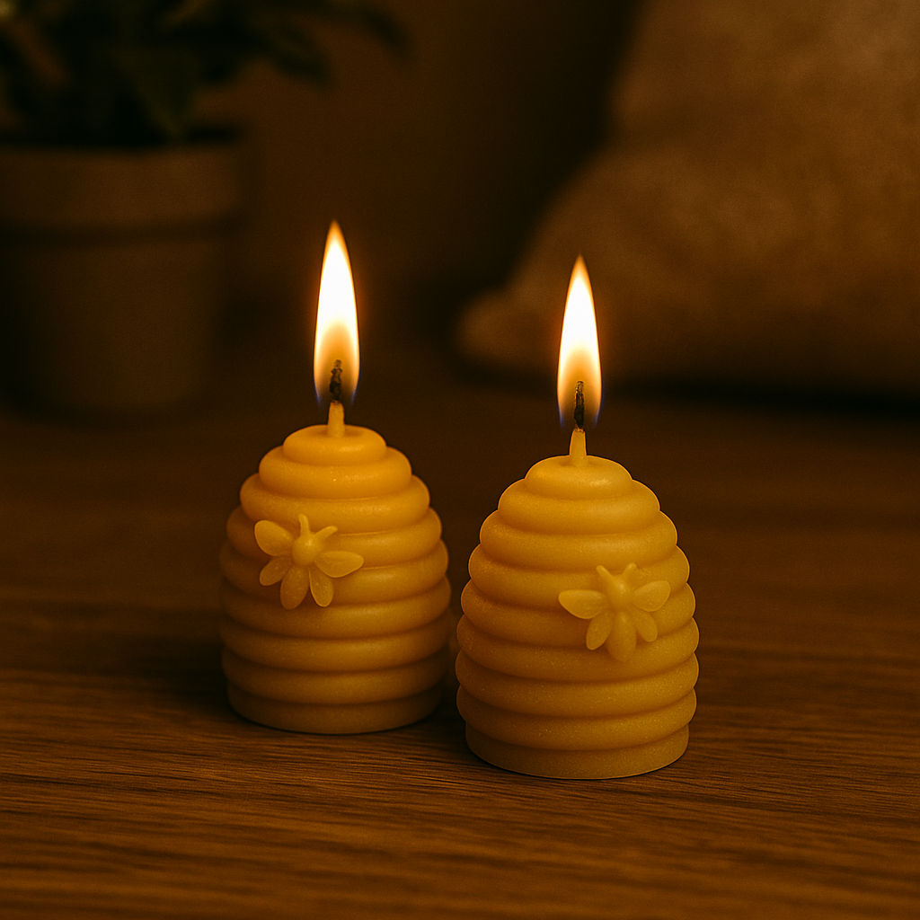 Deux petites bougies en forme de ruche en cire d’abeille allumées, posées sur une table en bois avec un coussin flou en arrière-plan.