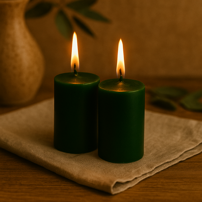Deux bougies artisanales en cire d’abeille vert foncé, allumées, posées sur un tissu en lin naturel avec un décor chaleureux en bois et feuillage en arrière-plan.