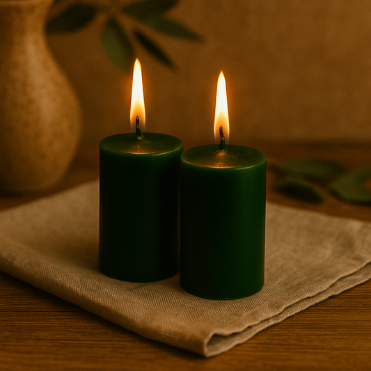 Deux bougies artisanales en cire d’abeille vert foncé, allumées, posées sur un tissu en lin naturel avec un décor chaleureux en bois et feuillage en arrière-plan.