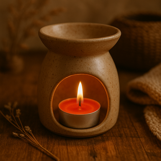 Chauffe-plat rouge en cire d’abeille naturelle, allumé dans un brûle-parfum en céramique beige, posé sur une table en bois avec un fond chaleureux, panier en osier et fleurs séchées.