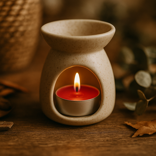 Chauffe-plat rouge foncé en cire d’abeille naturelle, allumé dans un brûle-parfum crème moucheté, posé sur une table en bois avec feuilles séchées et eucalyptus en arrière-plan, ambiance artisanale et automnale.