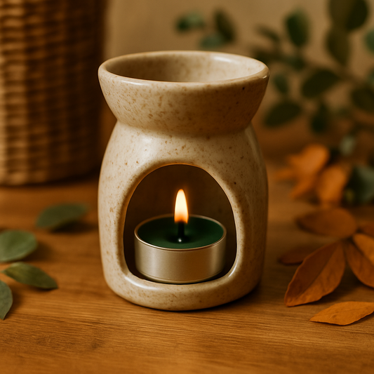 Chauffe-plat vert en cire d’abeille naturelle, allumé dans un brûle-parfum en céramique beige, photographié avec plus de recul, posé sur une table en bois avec feuillage vert et feuilles d’automne en arrière-plan.