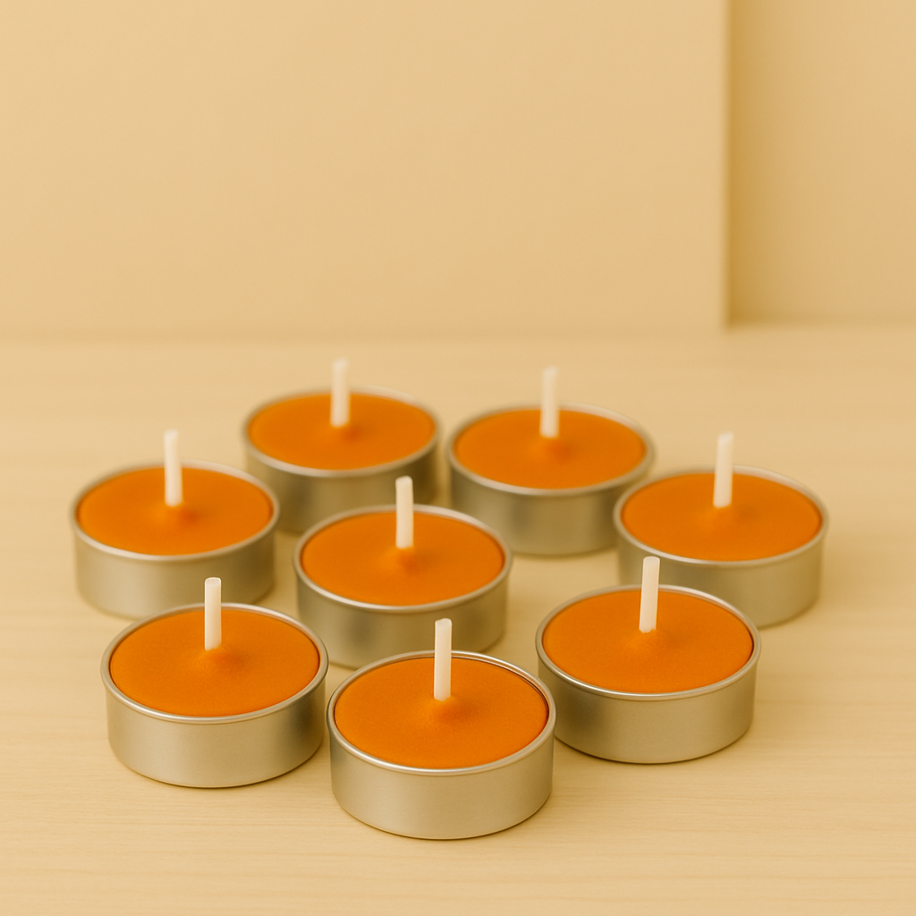 Lot de bougies chauffe-plat orange en cire naturelle dans des contenants en aluminium, posées sur une surface en bois clair avec un fond beige.